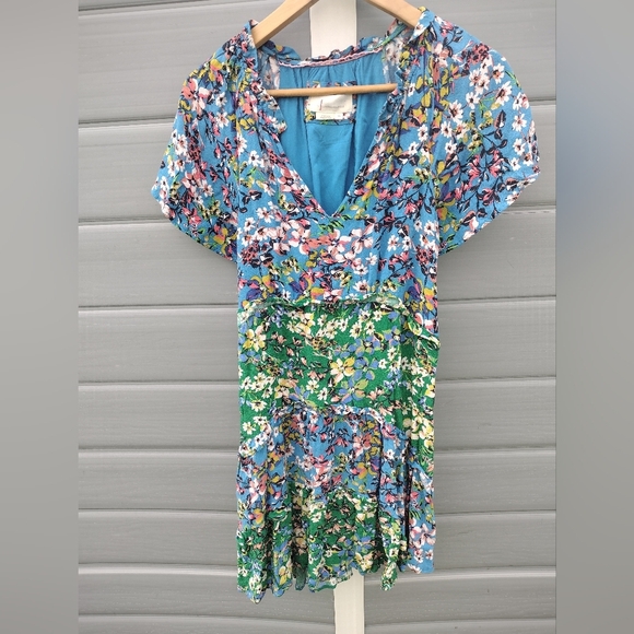 Anthropologie Robin Tiered Mini Dress Blue Green Floral XS - Picture 2 of 9